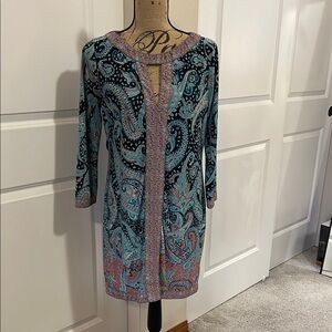 BCBGMaxAzria Teal, Coral & Black Paisley Midi Dress. M